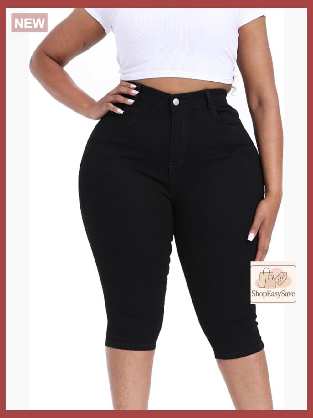 Plus Size Stretchy Capri Jean High Waisted Cropped Pants 17" Inseam Skinny Fit